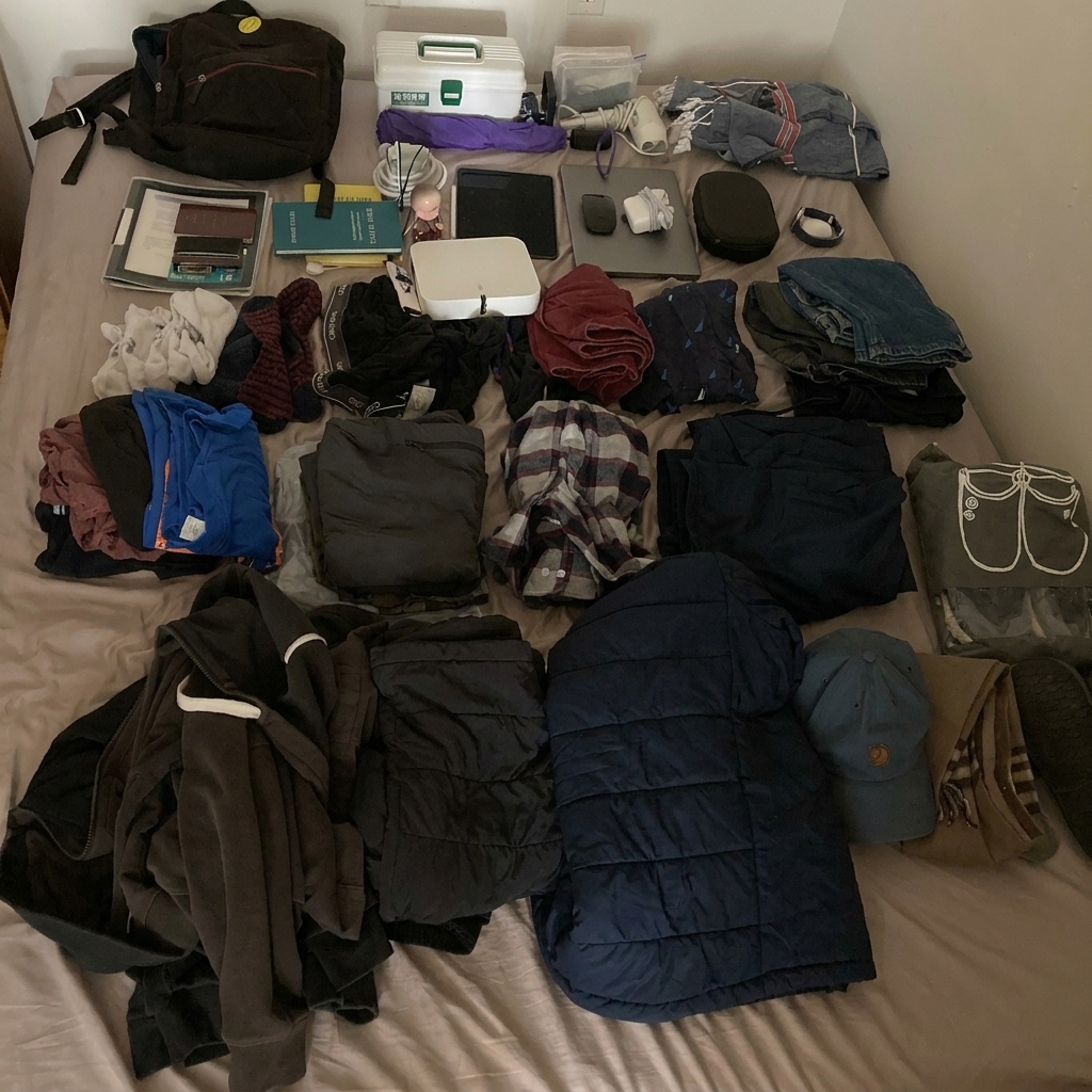 All possessions that I have. Plus 1 iPhone taking the photo and 2 luggage bags